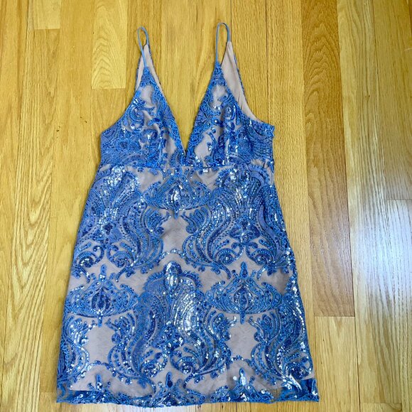 Free People Dress Mini Party Blue Night Shimmers Sequins Plunging V-Neck Glam 10 - Picture 4 of 8